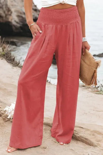 Soft Casual High Waist Linen Palazzo Pants with Pockets