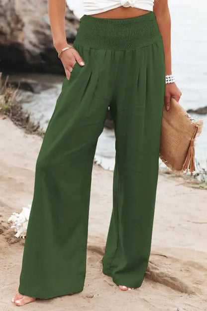 Soft Casual High Waist Linen Palazzo Pants with Pockets