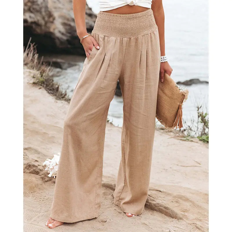 Soft Casual High Waist Linen Palazzo Pants with Pockets