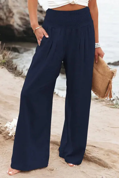 Soft Casual High Waist Linen Palazzo Pants with Pockets