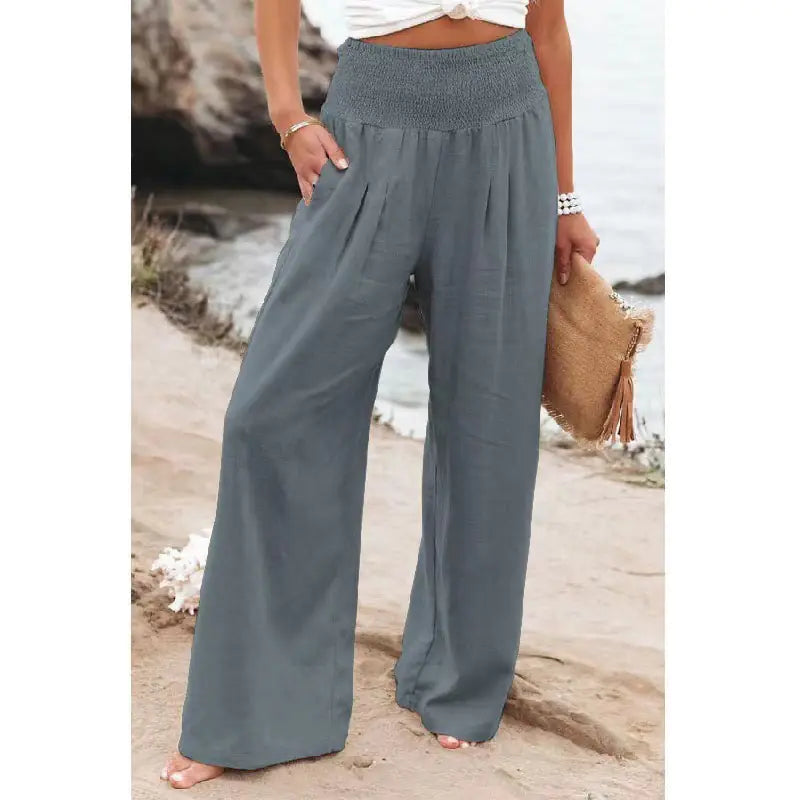 Soft Casual High Waist Linen Palazzo Pants with Pockets