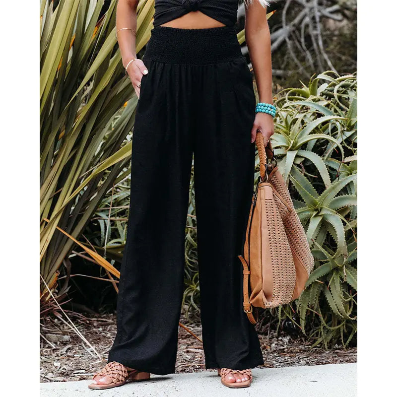 Soft Casual High Waist Linen Palazzo Pants with Pockets