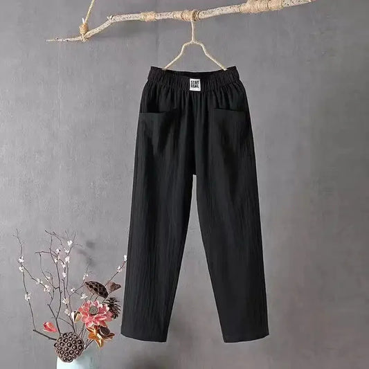 Baggy Mid Waist Ankle-Length Linen Pants with Pockets