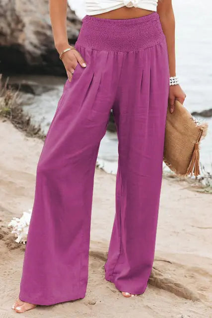 Soft Casual High Waist Linen Palazzo Pants with Pockets