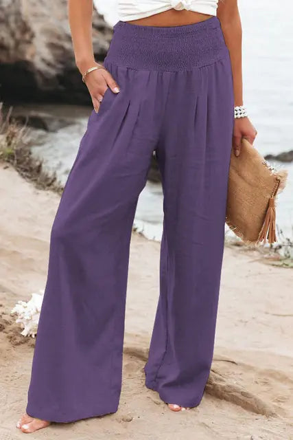 Soft Casual High Waist Linen Palazzo Pants with Pockets